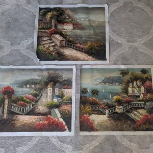 Set of 3 Hand-Painted Mediterranean Coastal Village Paintings — Canvas Art (Unframed)