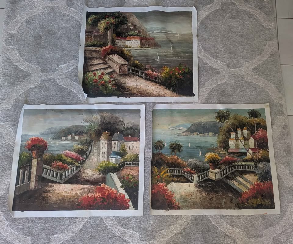 Set of 3 Hand-Painted Mediterranean Coastal Village Paintings — Canvas Art (Unframed)