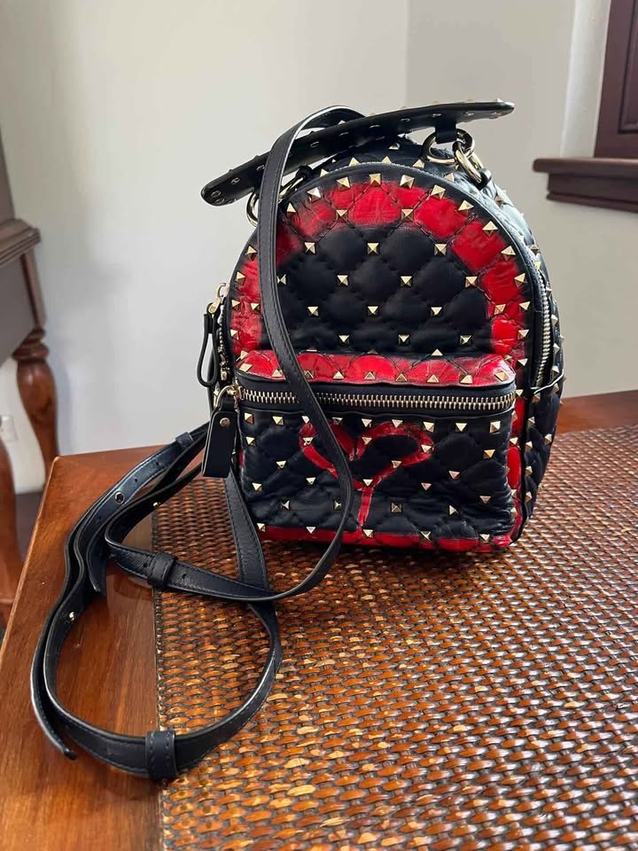 Valentino Garavani Rockstud Leather Backpack – Black & Red Heart Detail, Like New