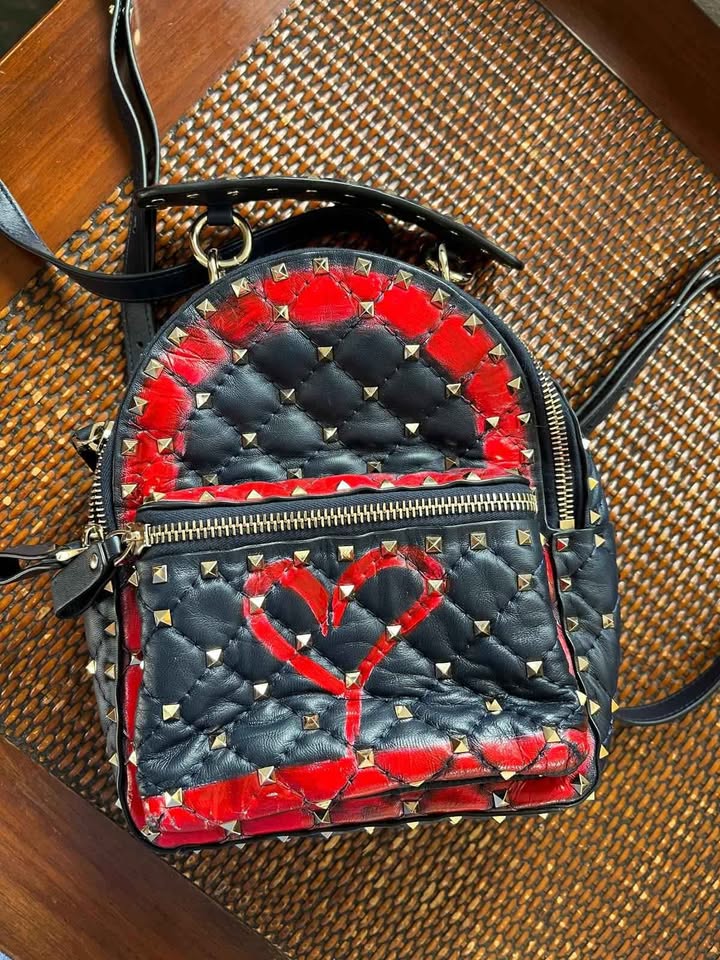 Valentino Garavani Rockstud Leather Backpack – Black & Red Heart Detail, Like New - Image 2