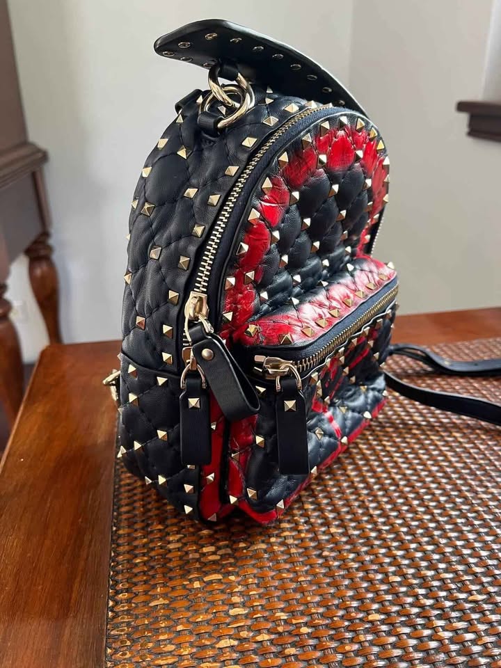Valentino Garavani Rockstud Leather Backpack – Black & Red Heart Detail, Like New - Image 3