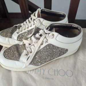 Jimmy Choo White & Silver Glitter Leather Sneakers – EU 39 / US 8.5 to 9