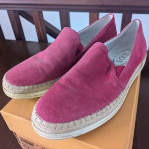 Tod’s Raffia Loafers – Deep Pink Suede – EU 38 / US 8